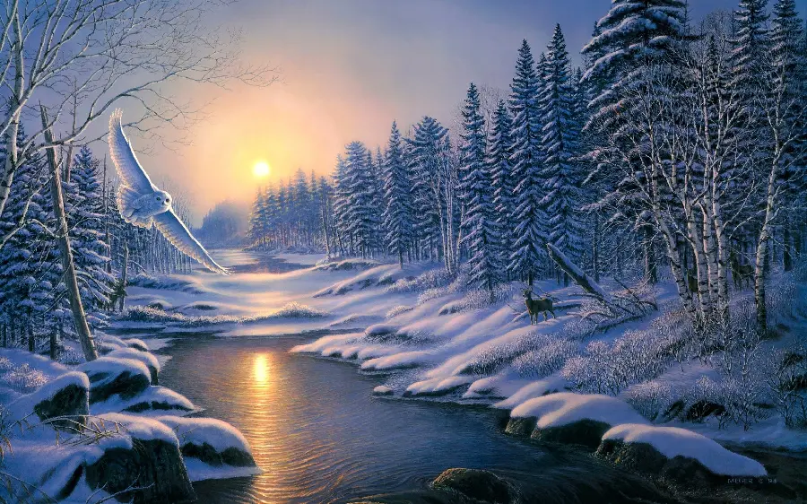 Fantasy photo and picture and painting of the winter season in the forest and sunset