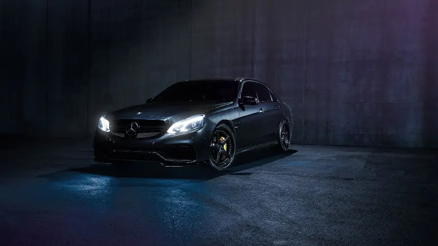 Black Mercedes AMG E63 Photo with Lights on in the Dark
