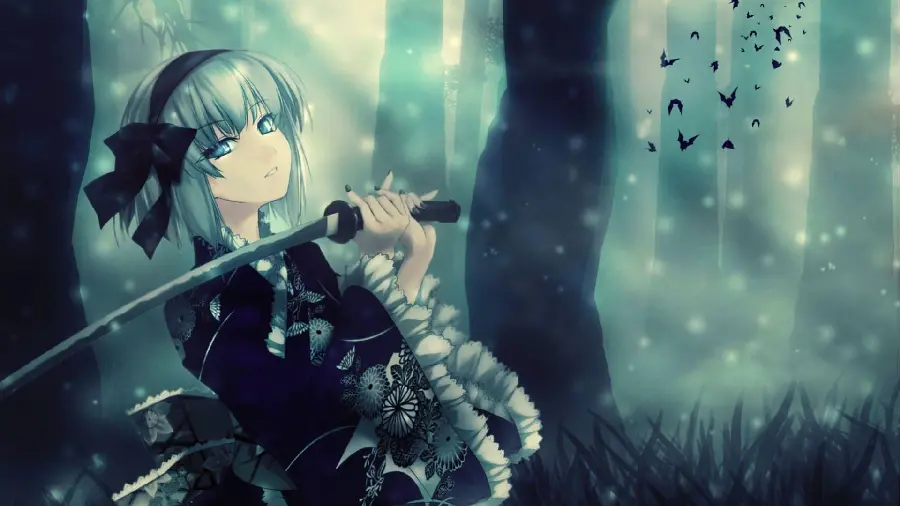 Anime picture of a warrior girl with a sword with a dark theme suitable for profile and wallpaper