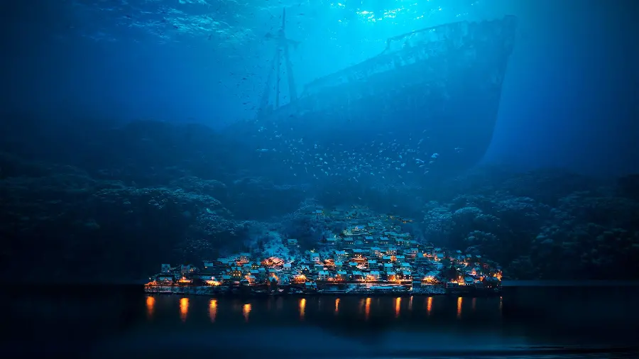 Photo of a beautiful village near the sea at night with bright lights