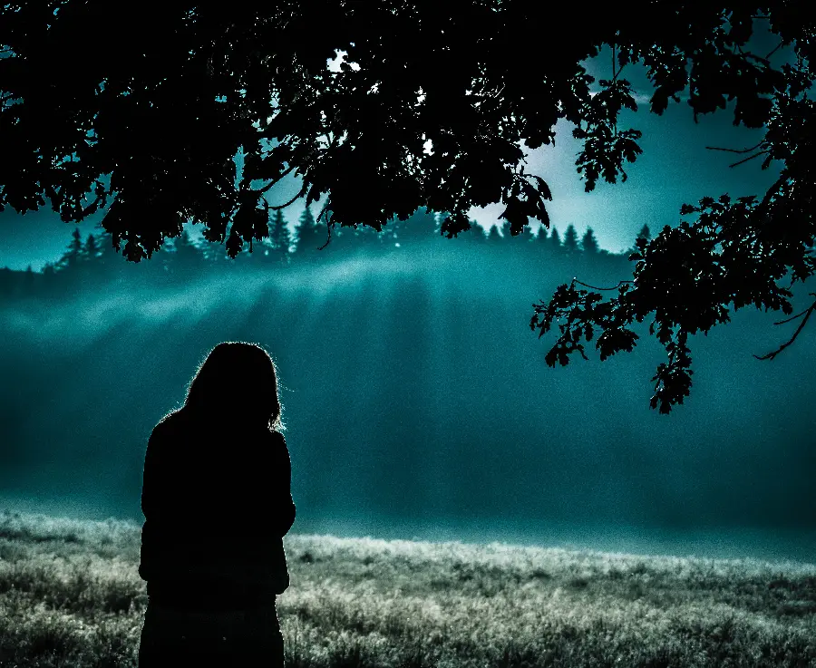 Cool profile picture about a sad and upset girl in the dark forest