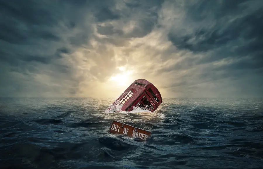 Background of a shack in the sea with a sign titled Out of Order