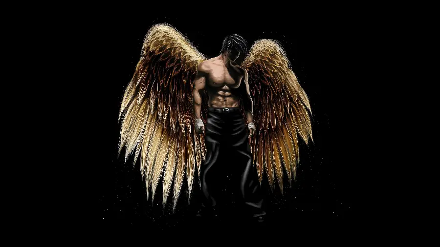The highest quality photo of a humanoid golden winged angel