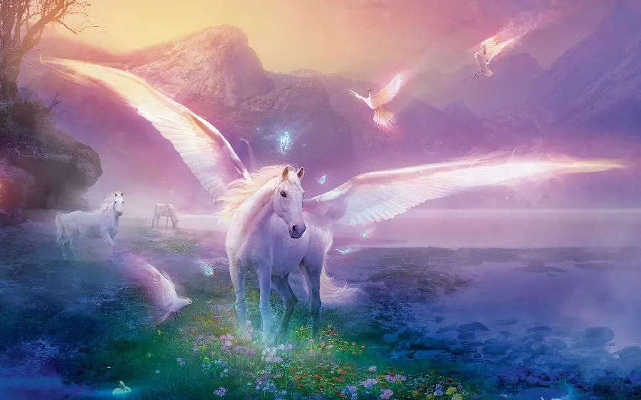 Background of a herd of unicorns and winged unicorns in a fantasy space