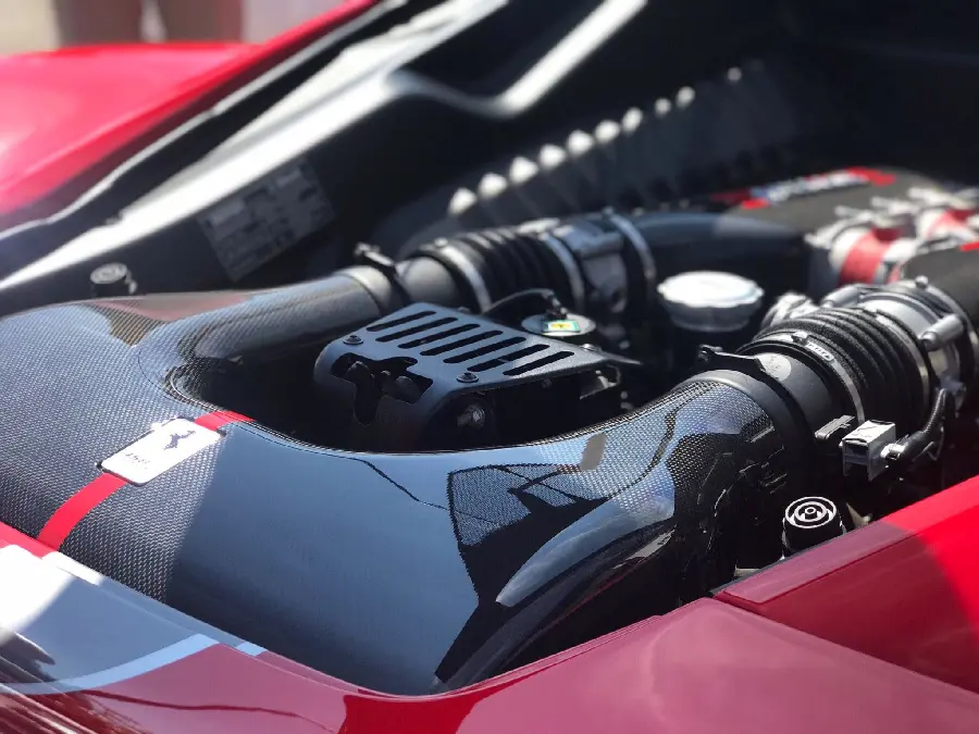 Close-up photo of a powerful Ferrari engine