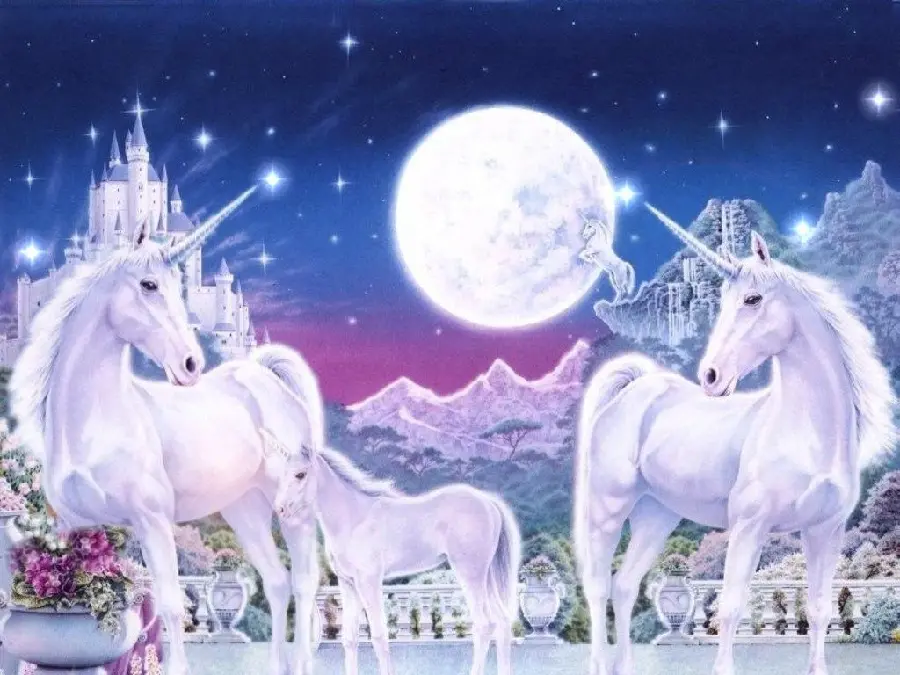 Wallpaper of a family of unicorns and Unicorn under the moonlight of the shining forest