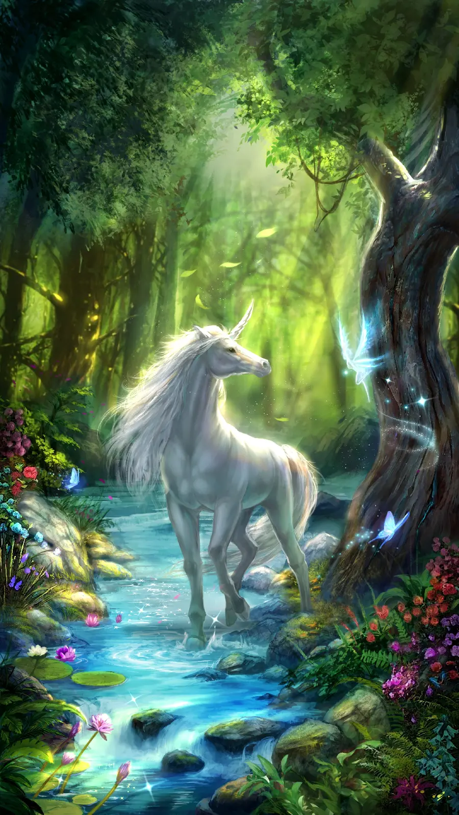 Beautiful and white unicorn in the dream forest full HD