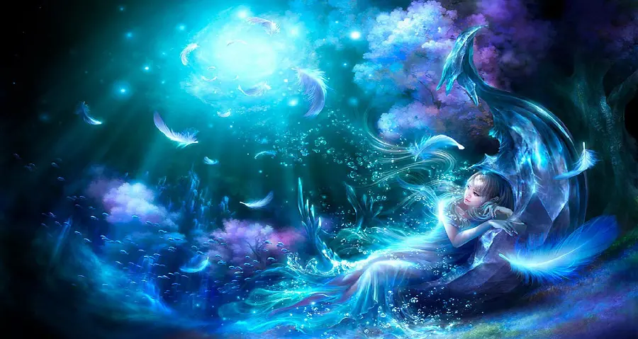Full HD anime photo of a winged angel in a colorful spectrum