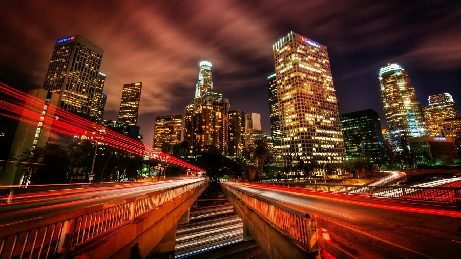 Night photo of downtown Los Angeles with the Union Bank Plaza building