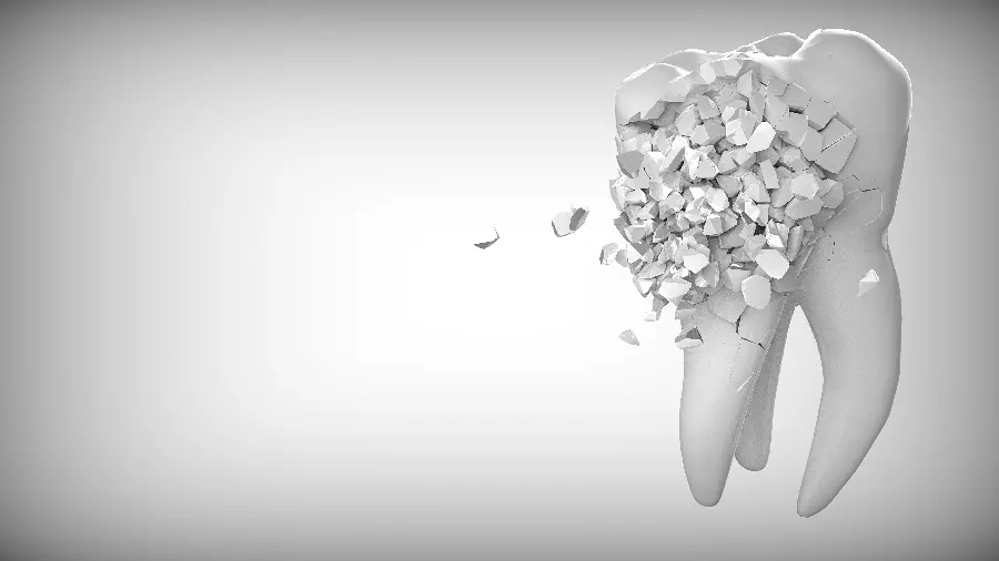 A different background image of a tooth transformed into cube pieces