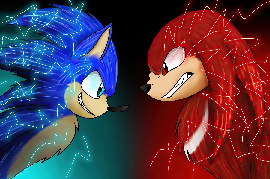 Background of Red and Red Sonic Knuckles Next to the Always Blue Sonic