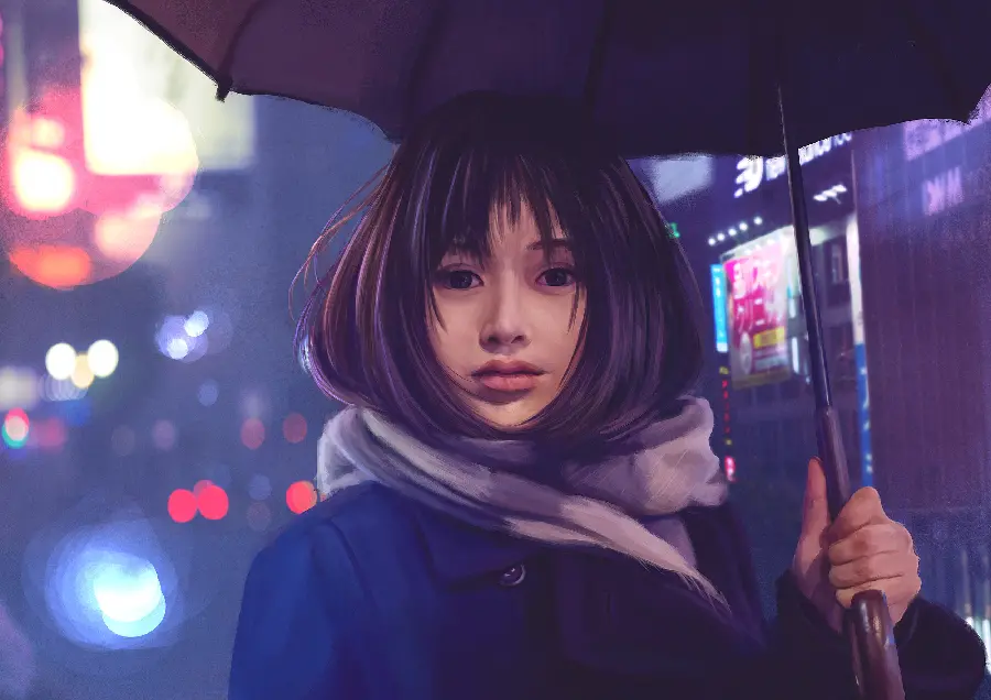 Profile photo of a beautiful and lovely Korean girl on a rainy night and Umbrella in hand