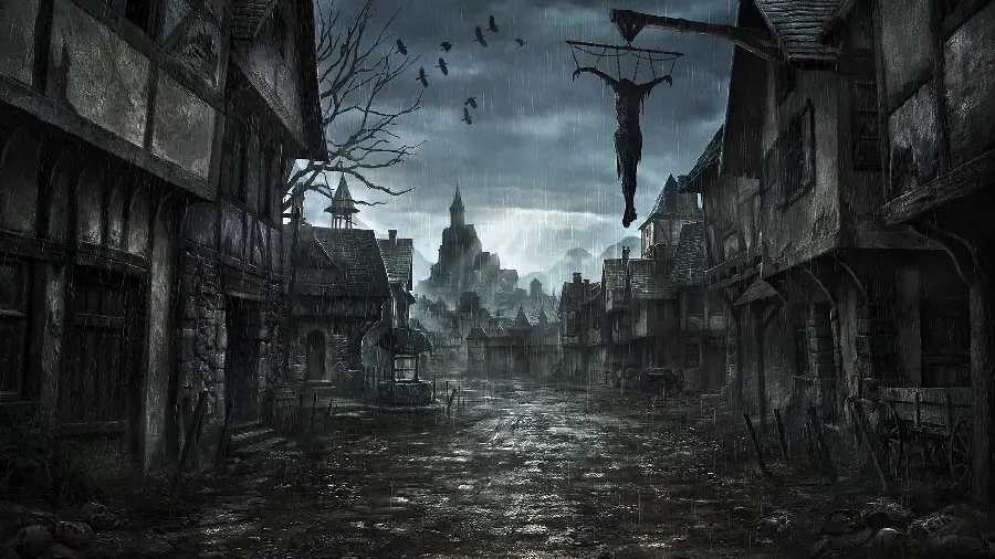Download digital painting image with a dark and scary village design