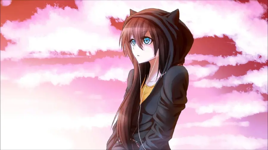 Cute anime girl profile photo with black hoodie and pink theme in HD quality