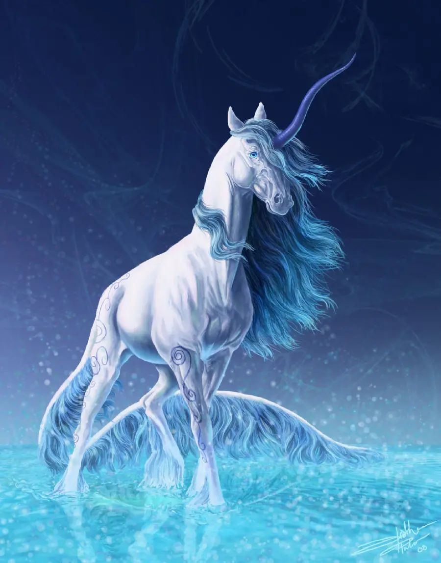Fantasy and classic painting of a beautiful blue unicorn
