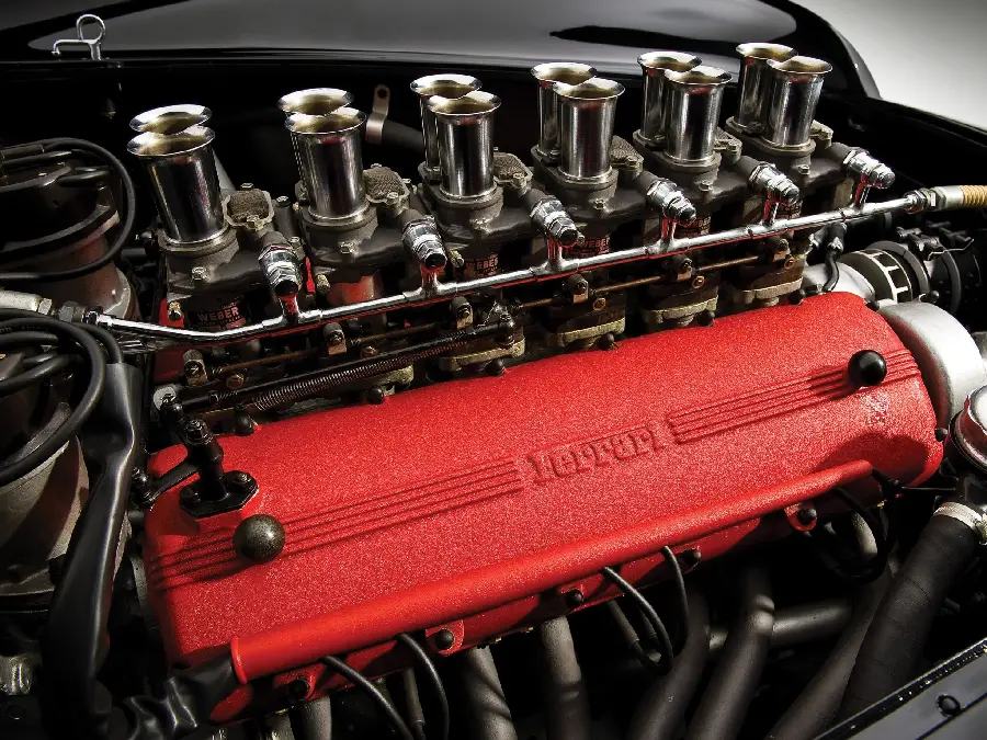 Close-up photo of the 12-cylinder Ferrari super sports engine