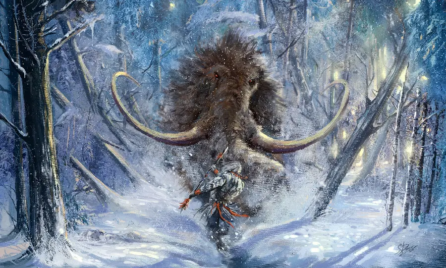 Photo of a mammoth with red eyes and a hunter in the snow
