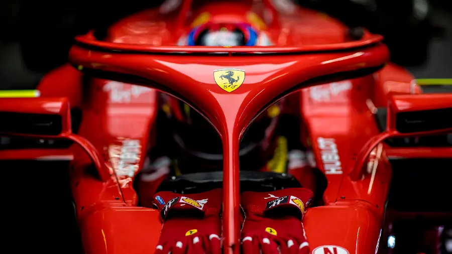 A very close profile photo of the front logo of a Ferrari F1 car in Full HD quality