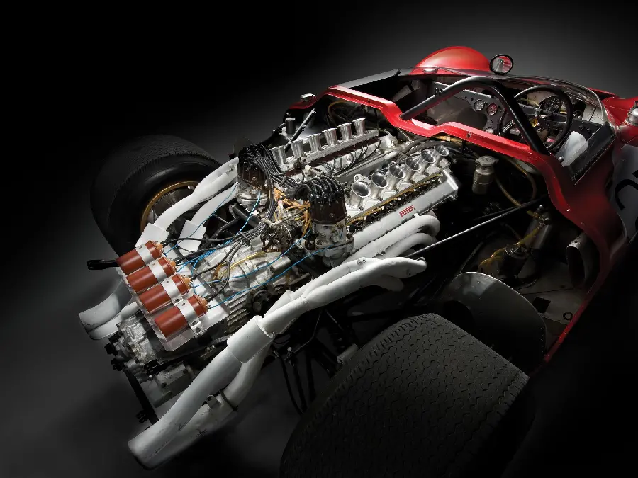 Photo with details of Ferrari 12-cylinder engine of the most advanced