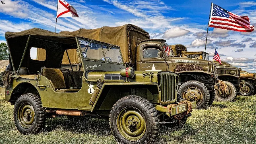 Download image of several American war jeeps side by side