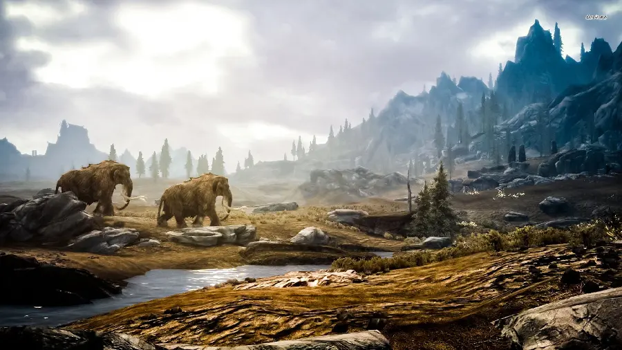 A pristine image of two mammoths crossing a river