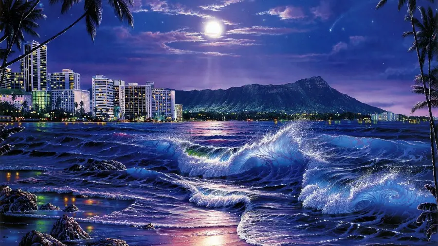 Download a beautiful digital image of ocean waves at night under the moonlight and with a mountain and city background with a blue theme and Purple is very suitable for profiles and wallpapers