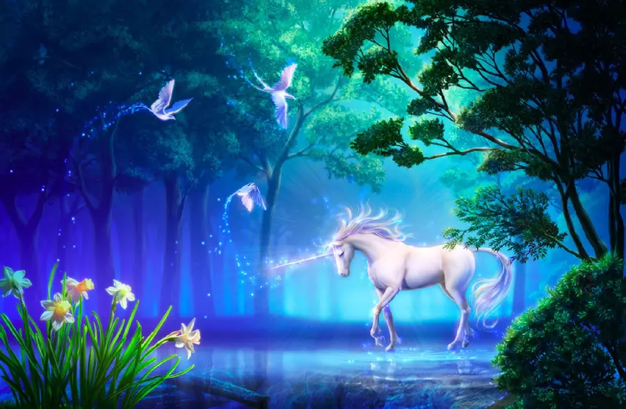 Magical unicorn background in beautiful dream forest