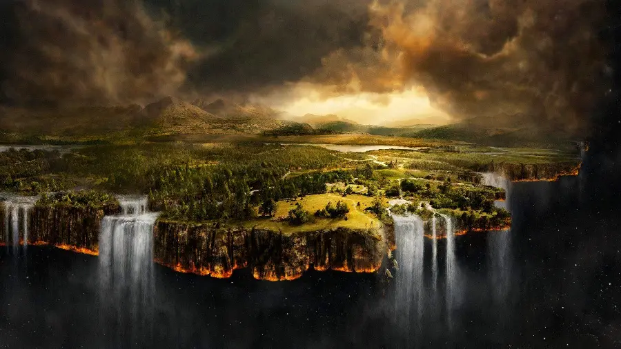 Download a spectacular and interesting wallpaper of a flat Earth with a waterfall and beautiful nature in high quality for Windows 11
