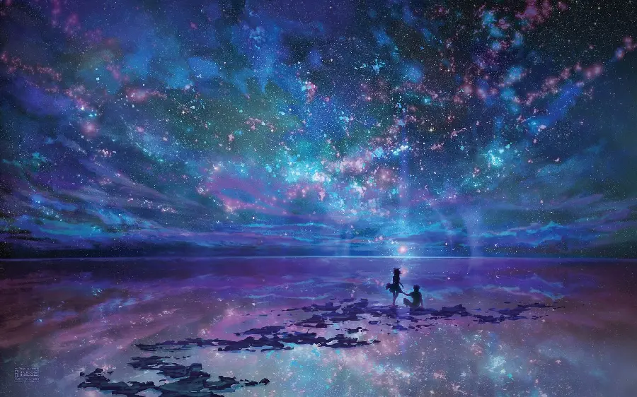 Amazing graphic image with a design of a girl and a boy in love in the ocean under a starry sky with a blue theme in HD quality