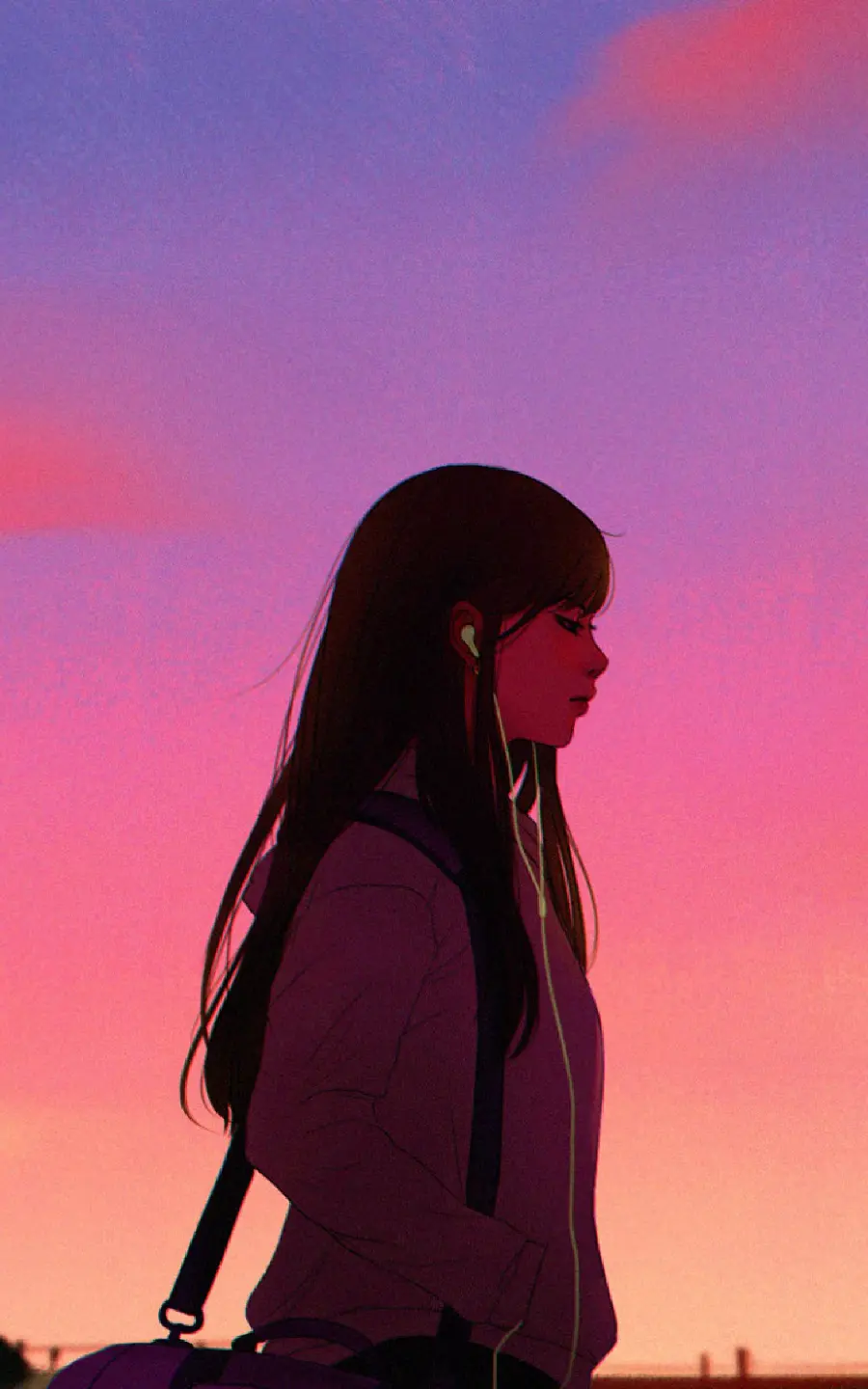 Cute girly wallpaper, sad girl with bangs in profile at sunset with orange and purple theme, high quality