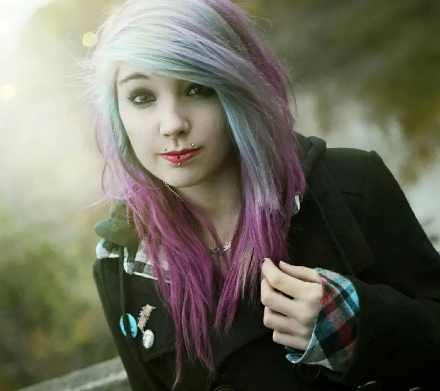 Download Interesting digital photo of a girl with blue and purple hair and piercings