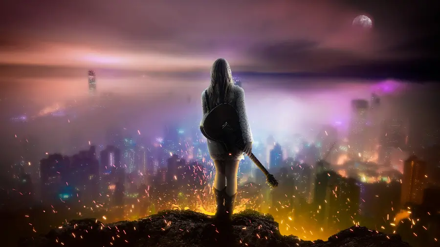 Fantasy and minimal photo of a girl with a guitar in her hand for wallpaper with a colorful background