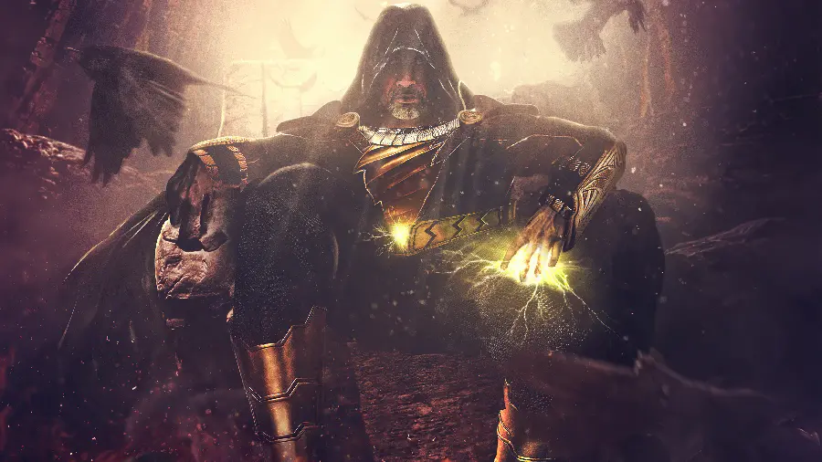 Wallpaper of Black Adam with a special combat cape and a powerful ray