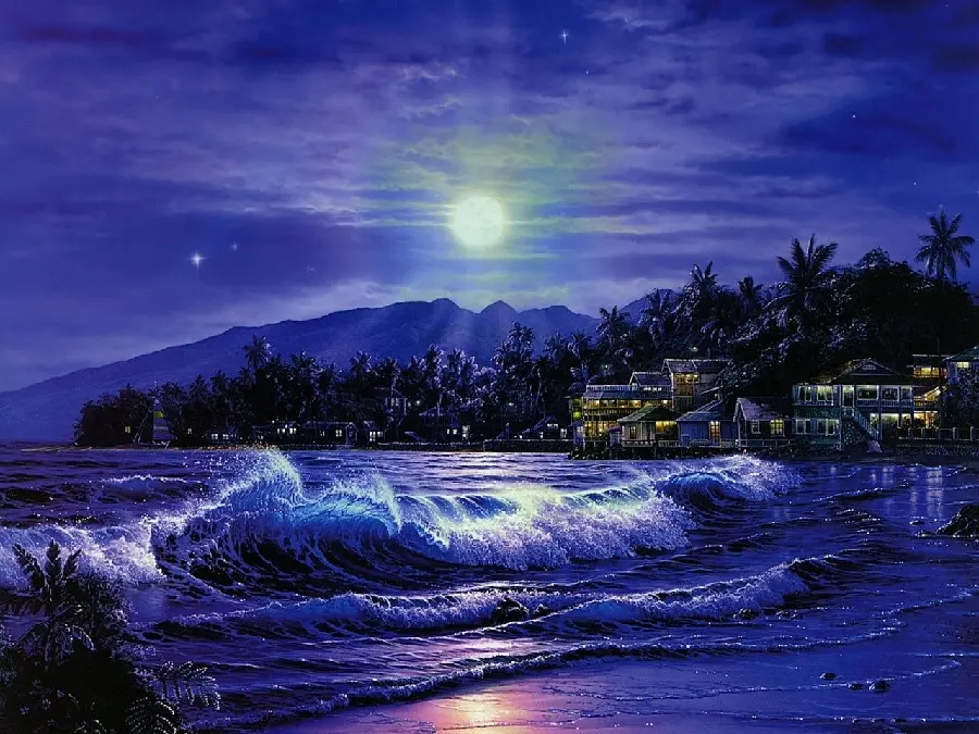 Download a beautiful digital painting with a blue and purple theme of long ocean waves at night under the moonlight near a city and with a background of palm trees in the original quality