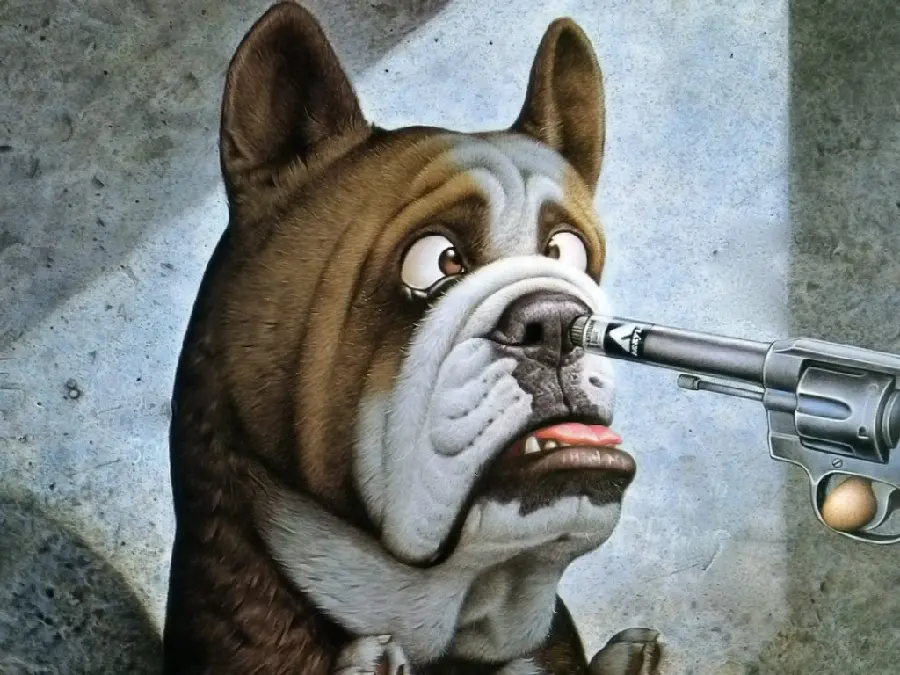 Interesting and cartoon picture of dog with gun
