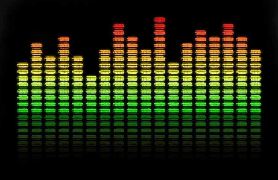 Eye-catching background with an equalizer design with three warm primary colors and a black background for Windows