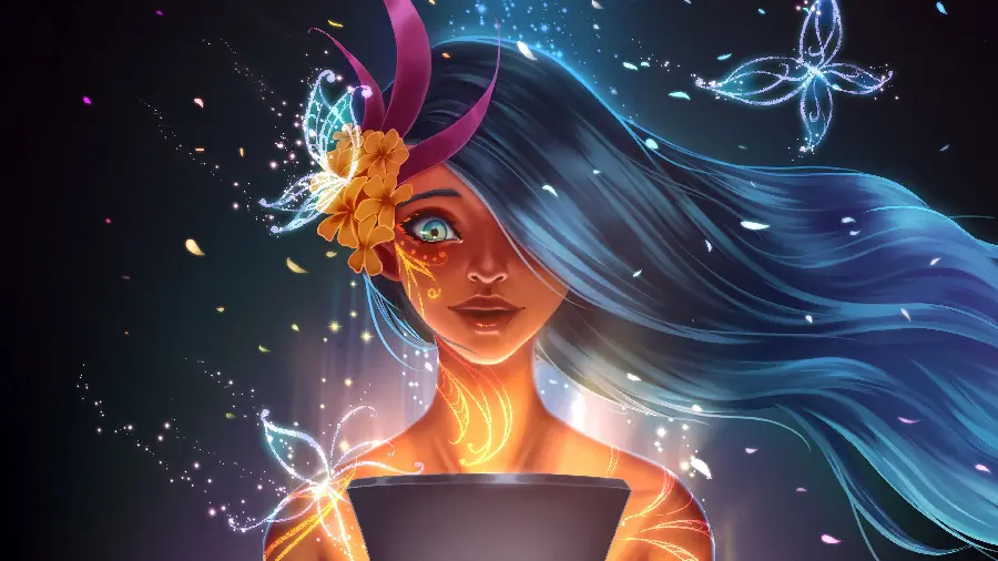 Download Digital painting of a girl with long blue hair for a profile