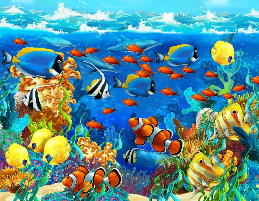 Anime photo of colorful and beautiful ocean fish