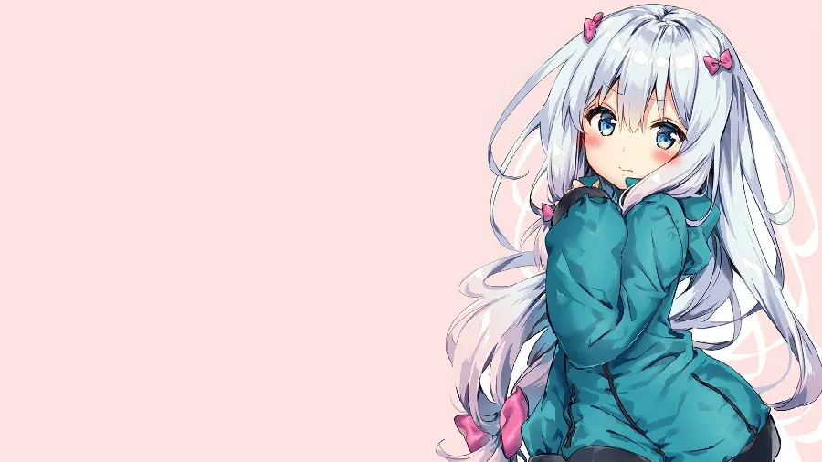 Cute anime girl profile photo with a blue dress and a pink background in HD quality
