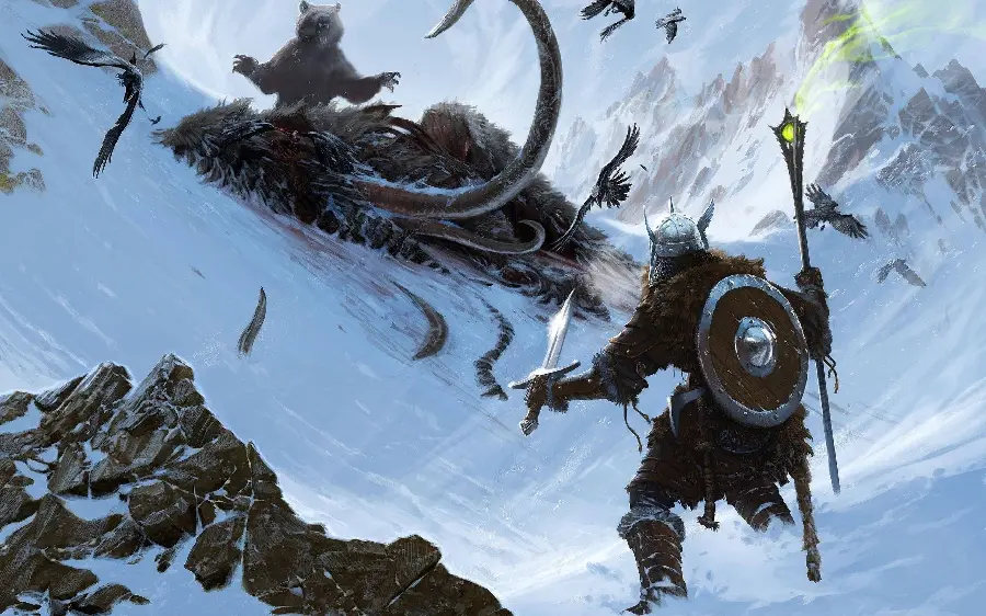 Image of a mammoth carcass killed by a bear and a ruthless hunter
