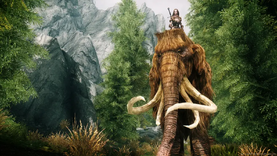Beautiful photo of a warrior woman riding a mammoth in the forest