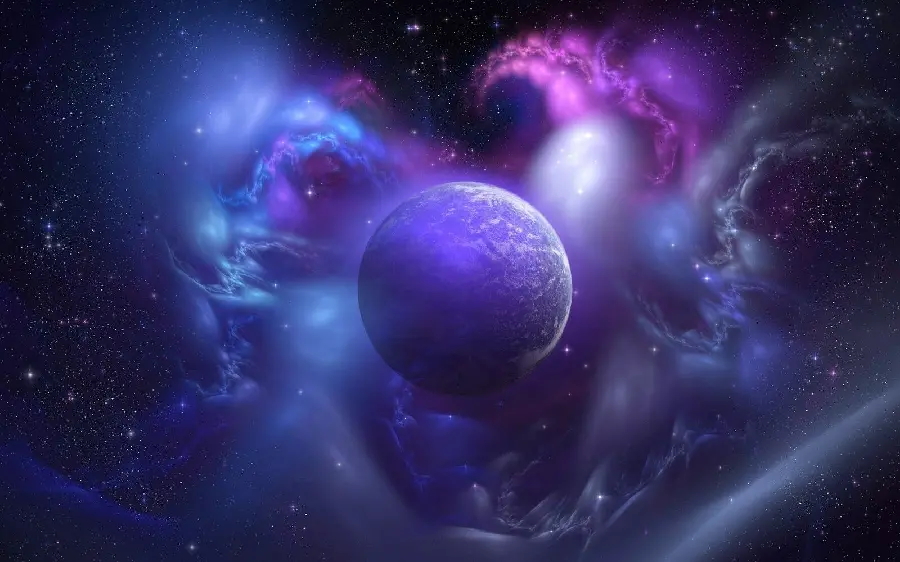 Photo of the Earth with colorful galaxies around it in the sky