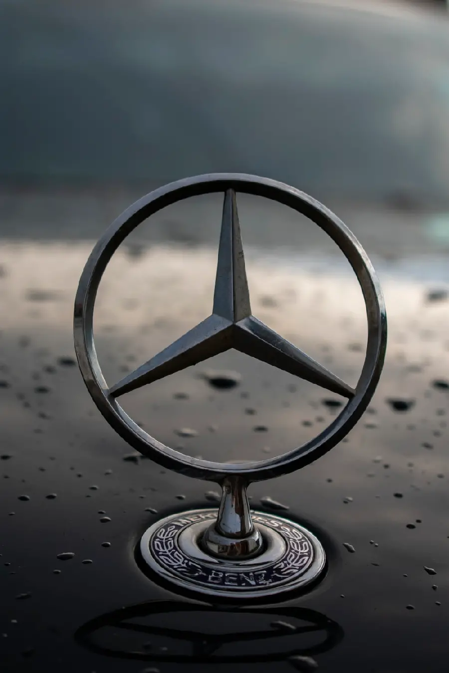Awesome logo on the hood of a Benz in rainy weather 