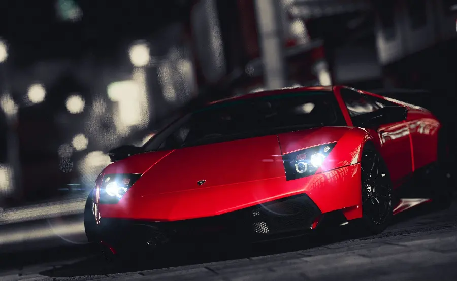 Wallpaper of red Murcielago car from the front with bright lights in excellent quality