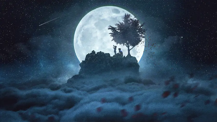 Fantasy wallpaper of the moon and children looking at it