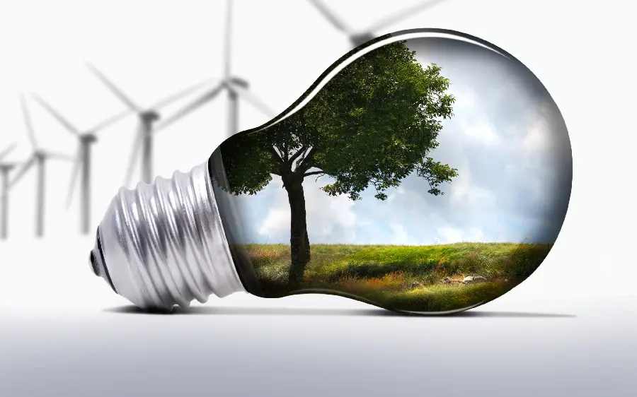 Creative image with the subject of a lamp that reflects the image of a landscape for wallpaper