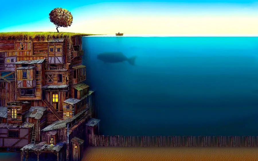 Minimal and fantasy photo of a dream village under the sea for your profile