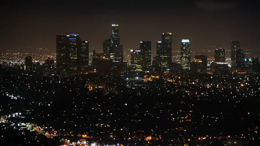 Photo of the city of Los Angeles with important towers in the city center at night