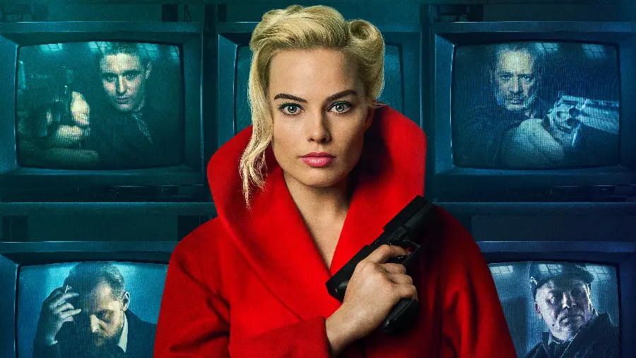 Margot Robbie photo with gun in hand and red coat