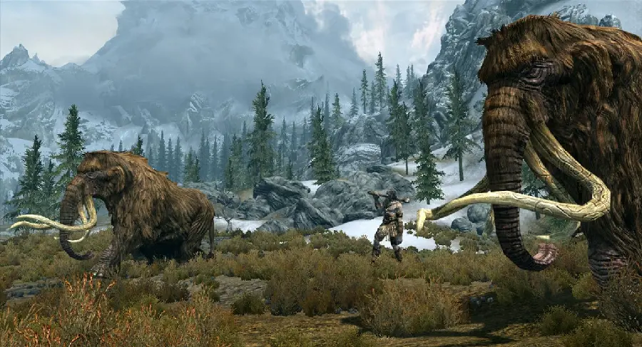 Picture of two old and decrepit mammoths and a black hunter in the forest
